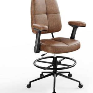 Marsail Ergonomic Drafting Chair – Heavy Duty 330lbs Tall Office Chair with Foot Ring, Flip-Up Arms & Thick Cushion (Brown Leather)