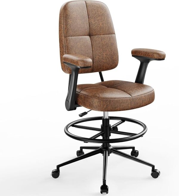 Marsail Ergonomic Drafting Chair – Heavy Duty 330lbs Tall Office Chair with Foot Ring, Flip-Up Arms & Thick Cushion (Brown Leather)